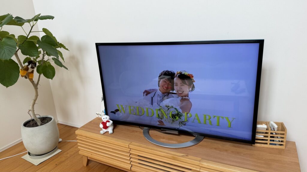 Burnで作成したDVDを家庭用DVDプレイヤーでテレビ再生して確認する様子