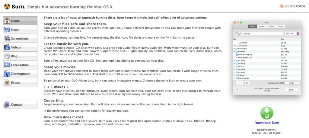 Burn公式配布ページからMac版Burnをダウンロードする画面