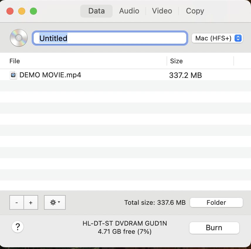 BurnへDVDに焼きたいMP4動画を追加する画面