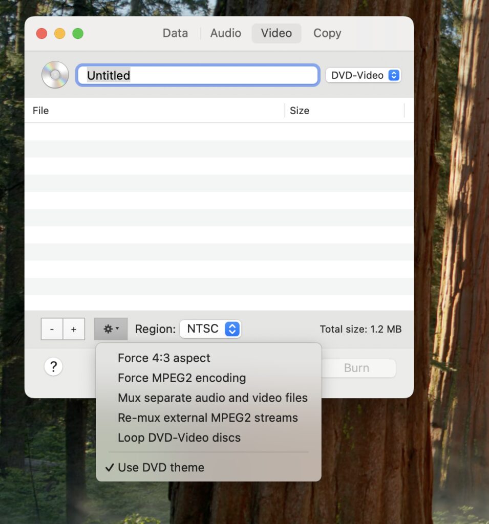 Mac用無料DVD書き込みソフトBurnでNTSCを設定している画面