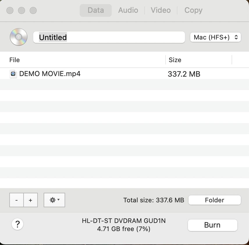 Burnで動画をDVD-Rへ書き込む前の画面